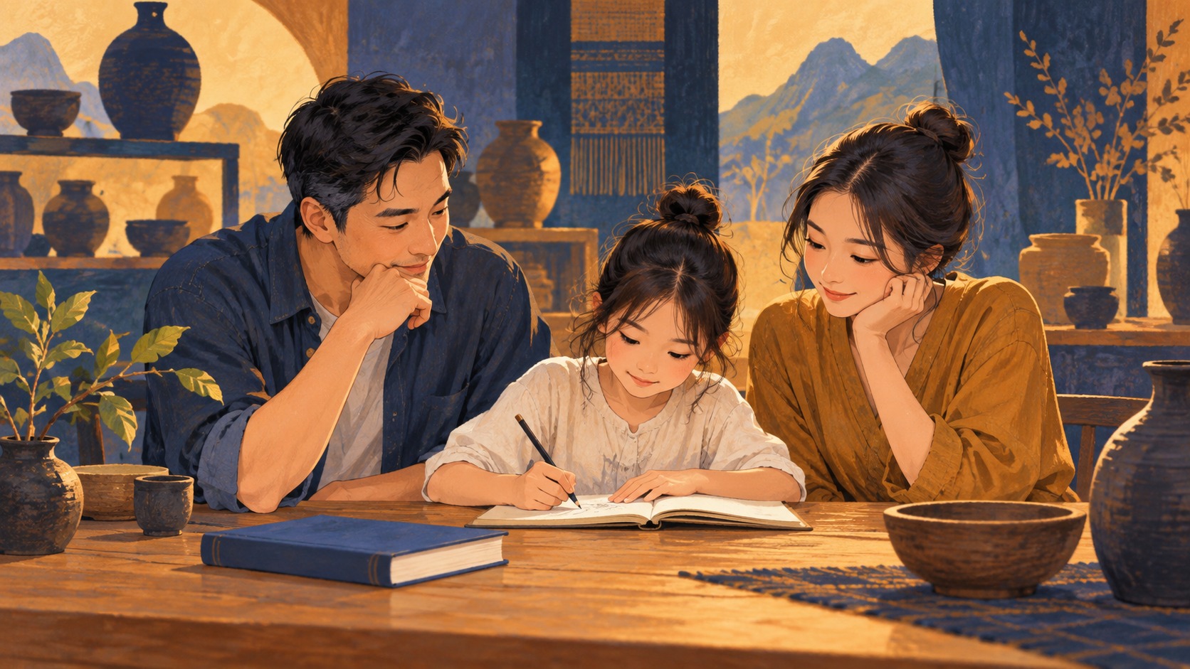 ภาพ AI ครอบครัวจดสมุดในพื้นที่วัฒนธรรมสมมติ ไม่ใช่เครื่องดนตรีหรือพิพิธภัณฑ์จริง