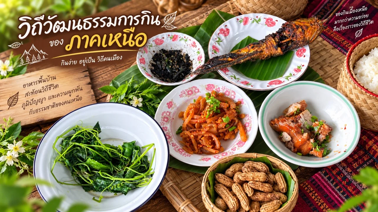สำรับอาหารเหนือ มีปลาดุกปิ้ง ผักลวก น้ำพริก และอาหารพื้นบ้าน จัดวางบนขันโตก