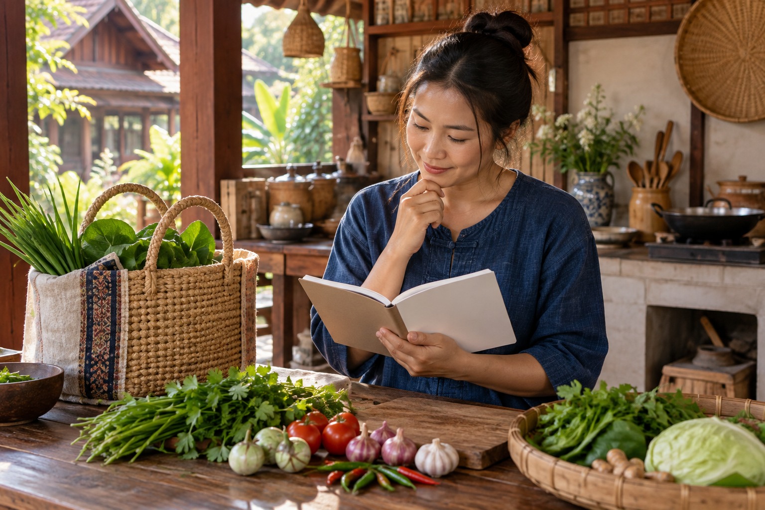 ภาพ AI ผู้ใหญ่อ่านสมุดเปล่าข้างผักในครัวทั่วไป ไม่ใช่ร้านหรือมื้ออาหารจริง